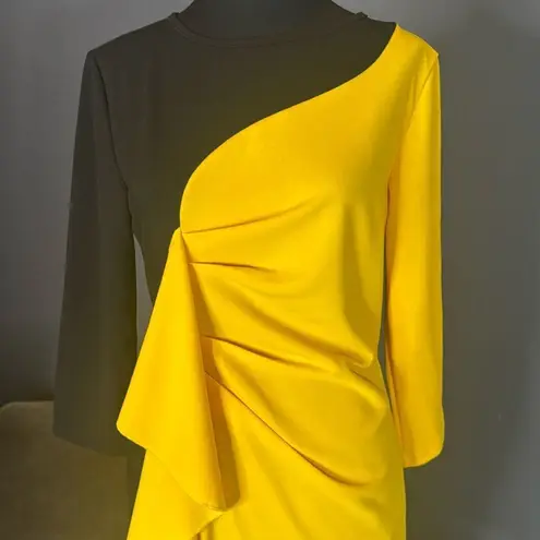 Women’s Black & Yellow Asymmetrical Ruffled Front Midi Dress 3/4 Sleeve Size M Size M