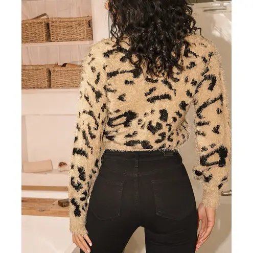 Lulu's Fierce Heart Beige Leopard Print Eyelash Knit Cropped Cardigan Tan