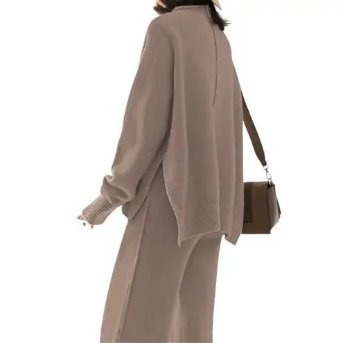 Coordinating 2 Piece Set Sweater Knit Wide Leg Pants Lounge Taupe Women Size XL Tan