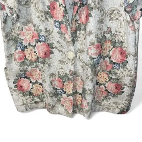 Vintage Joanna Floral Linen Short Sleeve Blazer Jacket Tan Size 2X