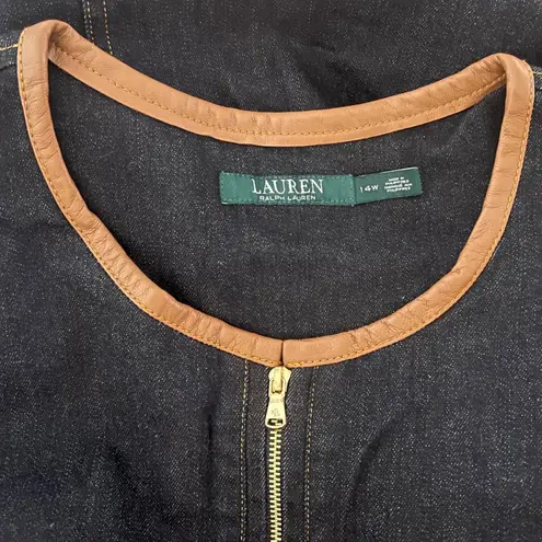 LRL Ralph Lauren Denim Dress Plus 14W 1/4 Zip New Leather Trim Neutral Classic Blue