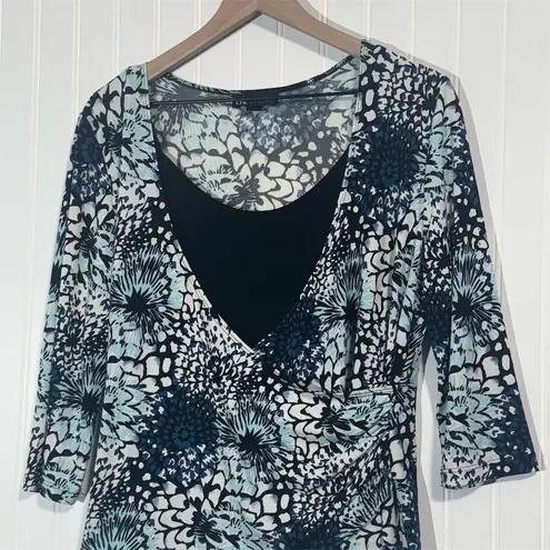 Y2K I.N Studio Floral Wrap Blouse Top L Blue Black Officecore Retro Workwear USA Size L