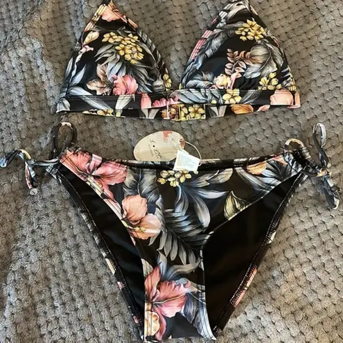 Women's Halter Two Piece Floral Black Tie Bikini Swimsuit Size Large NWT #7933