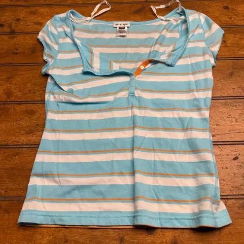 Energie Y2K Sheer Striped Button Short Sleeve Top Size Large Blue White Orange