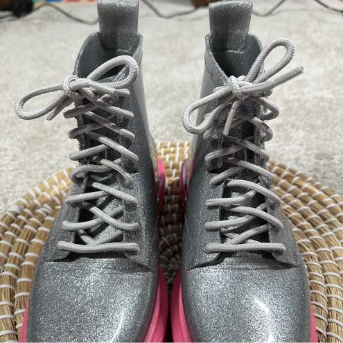 Melissa + Viktor & Rolf Ankle Combat Boots Lace Up in Silver Pink Size 5