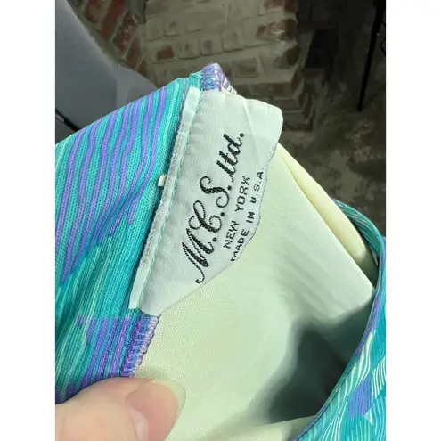 dress blouson floral vintage 1980s micro pleat top purple aqua Size M