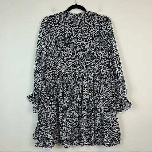 Elan | Black and White Animal Print Long Sleeve Tiered Mini Dress Small NWT