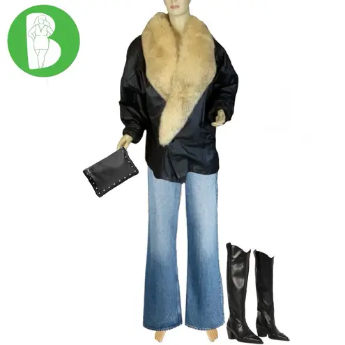 VINTAGE 1980'S GREG BELL BLACK LEATHER WITH FOX FUR COLLAR COAT (L) Size L