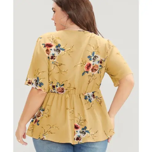 Bloomchic  Floral Print Wrap Ruffles Asymmetrical Hem Blouse Yellow Size 12 NWT