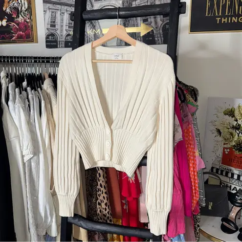 Wilfred Aritzia Plunge Front Ribbed Merino Wool Cardigan Cream Womens Small EUC