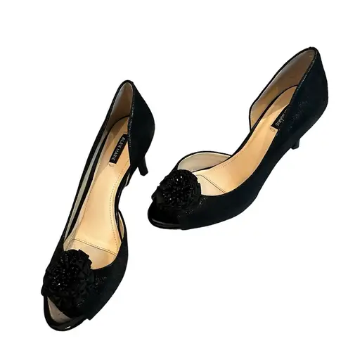 Alex Marie Black Leather D'Orsay Pumps Beaded Flower Rosette, Sz 8