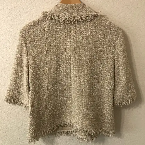 St. John Tweed Knit Shimmer Blazer Jacket Tassel Trim in Beige - Size 12