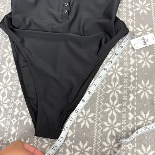 NWT UpWest Black Henley One Piece Bathing Suit Snaps High Cut Scoop Back Medium