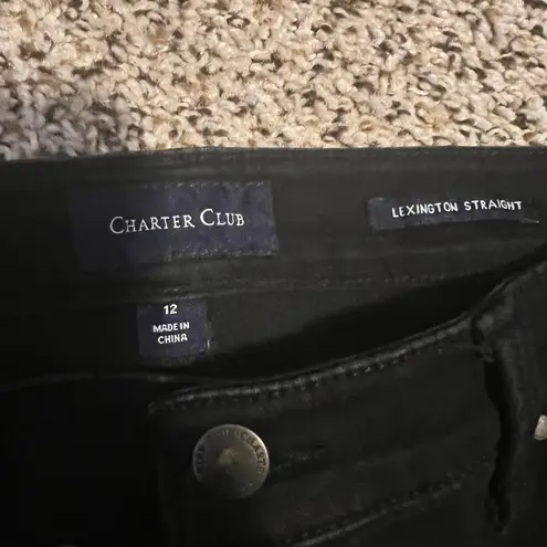 Charter Club Lexington Black Straight Jeans with Red Floral Embroidery Size 12