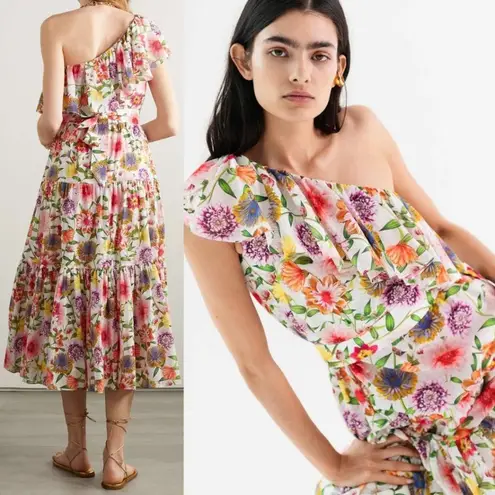 NEW Borgo De Nor Petra One Shoulder Ruffle Midi Dress Tiered Floral Print Size 8