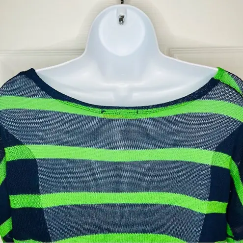 Chris & Carol Open Knit Dolman Short Sleeve Green Stripe Sweater Navy Blue S