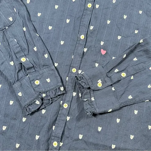 Kerri Rosenthal Women’s Mia Ruffle Button Down Shirt Tiny Heart Print in Navy XL Blue