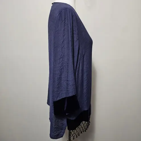 Krazy Kat Blue Textured Tunic Top Beaded Fringe Velvet Trim L