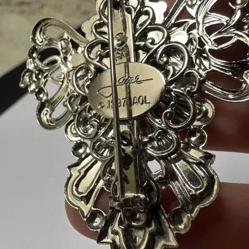 Handcrafted Signed Jane 1997 AOL Brooch Pin Silver Tone / Rhinestone