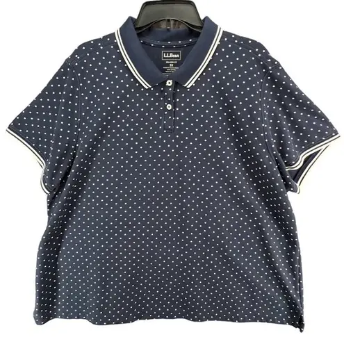 L.L.Bean  Polo Shirt Womens 3XL Blue White Polka Dot Relaxed Fit Short Sleeve Top