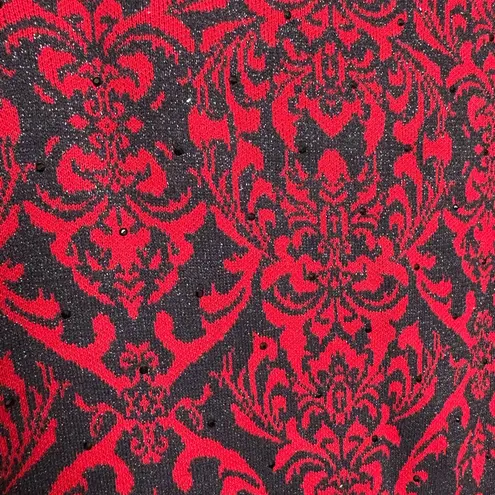 Dana Buchman Red Black Damask Knit Sweater Metallic Holiday Top L