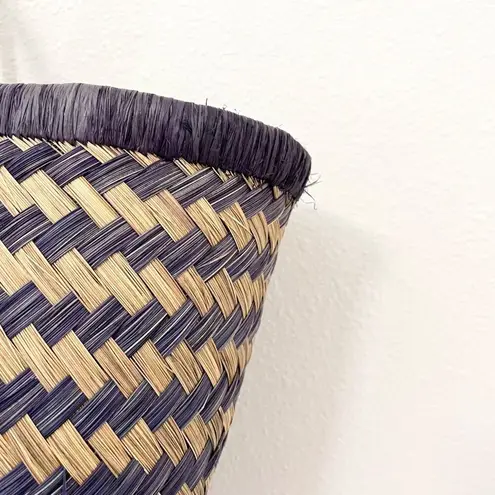 MAR Y SOL Baja Large Carry All Tote In Hand Woven Raffia Bag Navy Blue