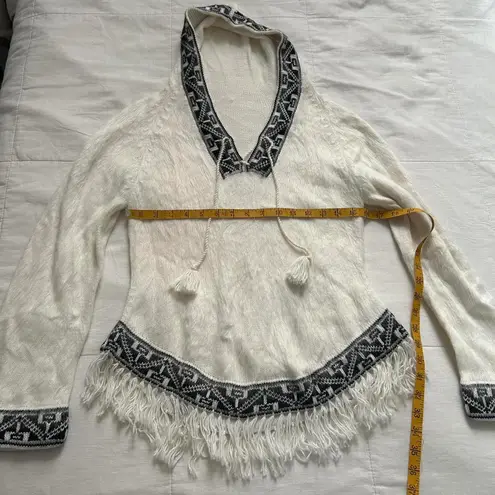 Vintage Cream black fuzzy knit pullover hooded sweater fringe black intarsia White