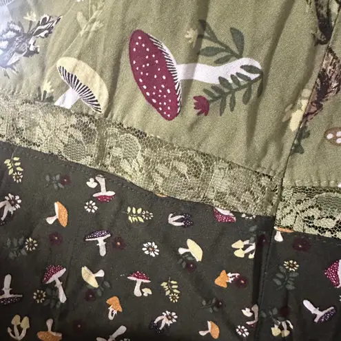 THORN & FABLE | Mushroom Squirrel Woodland Floral Split Patchwork Mini Dress, M Green Size M