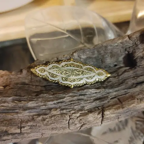 Antique Vintage Damascene Art Deco Gold Tone Silver Filigree Bar Brooch Pin FLAW