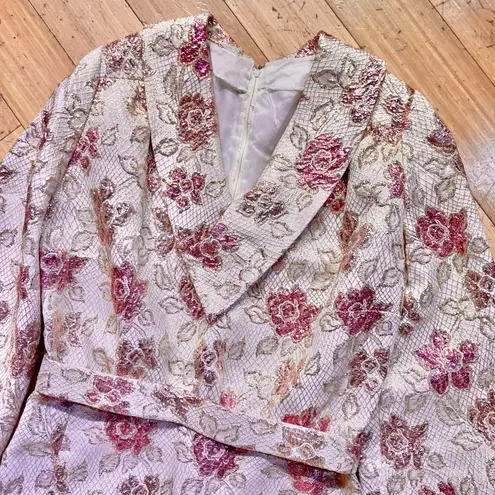 Handmade Vtg 60s 70s Maxi Hostess Dress Gown Pink Gold Floral Holiday Brocade Formal L