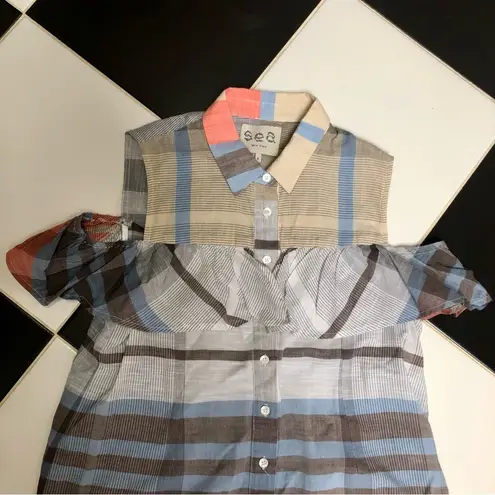 Sea New York Madras Plaid Ruffle Tank Top Cold Shoulder Sleeveless Multicolor 6