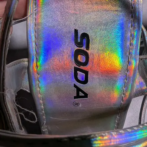 Vtg Y2K Soda Silver Holographic Flower Applique Chunky Clear Heel Sandals Sz 8.5