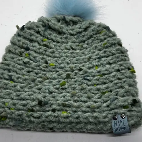 Handmade  crochet Beanie. Green with‎ Blue pom pom. NEW