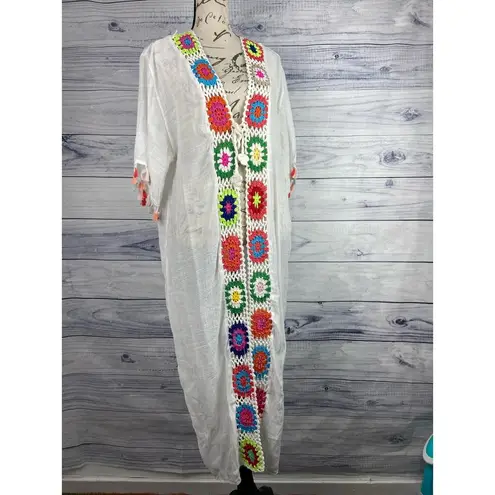 Rebellion Again Duster Cover Up Women XS Colorful Crochet Tassel Sheer Beach NWT White