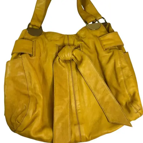 Kooba Vintage Mustard Yellow Leather Tote Bag with Bow Detail & Gold Hardware