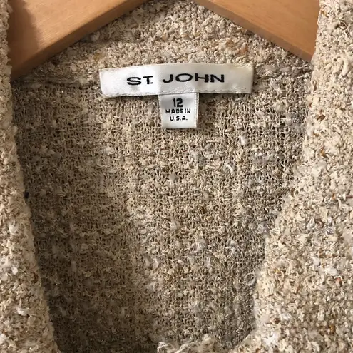 St. John Tweed Knit Shimmer Blazer Jacket Tassel Trim in Beige - Size 12
