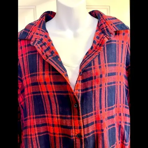 Monoreno Long Red and Navy Blue Plaid Oversized Flannel Dress Shirt- Medium
