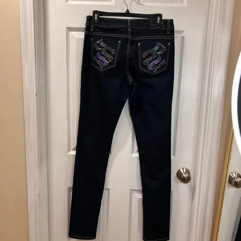 Rocawear Classic Dark Wash Skinny Jeans with Holographic Pocket Design Size 9