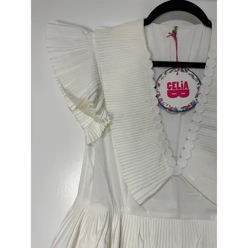 Celia B Bjorn Dress White Crisp Cotton Size Large NWT Pleated Ruffled Trim