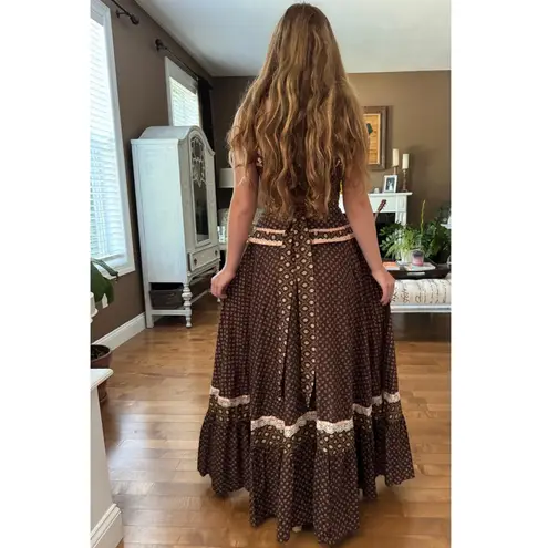 Gunne Sax 70's rare brown pink prairie maxi lace corset sundress cottagecore XS
