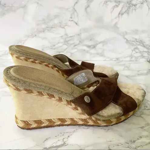 UGG  Margot Chestnut Brown Tan Leather Sherpa Shearling Lined Wedges