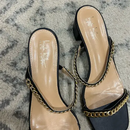 Nicole Miller Black and Gold Chain Sandals