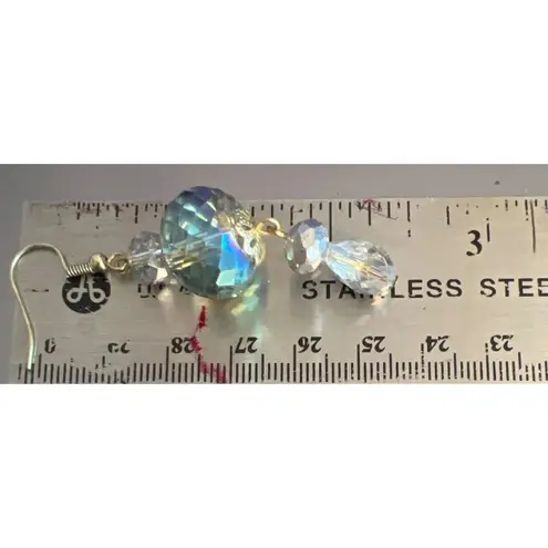 Vintage Gold Tone Dangle Earrings Glass Faceted Bead Aurora Borealis Estate 2.5" Blue