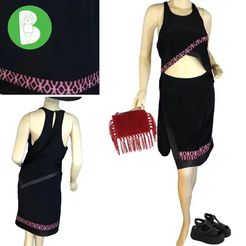 THAKOON ADDITION BLACK SILK DRESS WITH LAMBSKIN LEATHER TRIM AND RED PATTERN (6)