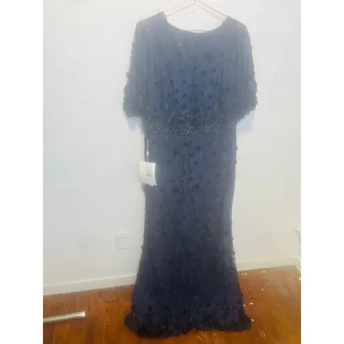 Mac Duggal 67712 Dark Blue Beaded Floral Lace Cape Short Sleeve Dress Size 16