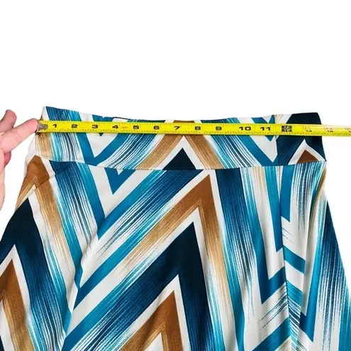 Veronica M Size xs Satin Stretch Flared Maxi Skirt Blue Gold Abstract Chevron