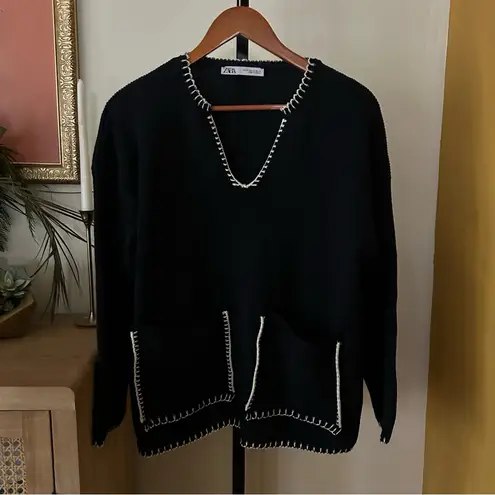 ZARA  Topstitch Knit Sweater Navy Blue White Contrast Stitch Pockets Size XS - Image 3