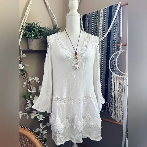 Solitaire Swim White Bohemian Cold Shoulder Swim Cover Up/Tunic Size L