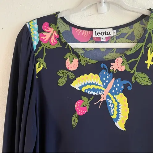 Leota Dress Navy Blue w/ Floral Pattern & Butterfly Long Sleeve Shift Sz XL EUC