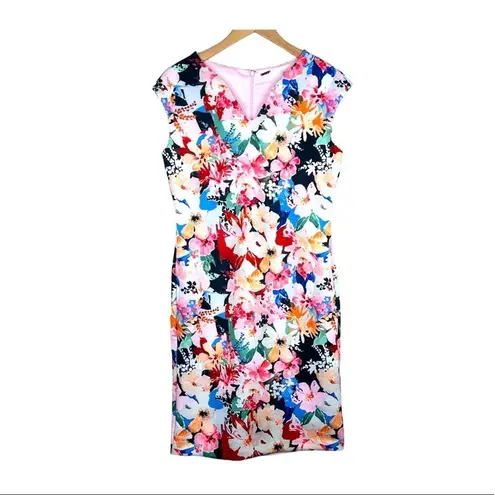 T Tahari Tahari pink watercolor floral scuba V neck cap sleeve midi sheath dress M NEW
